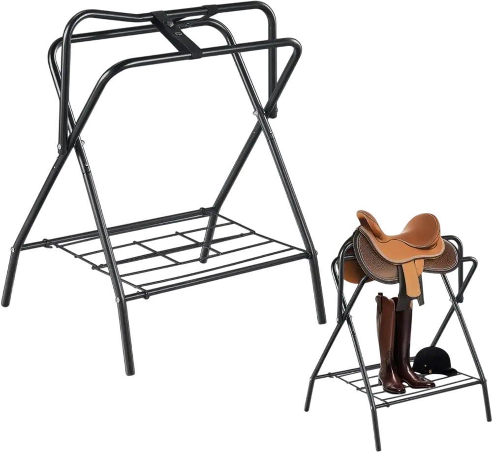 VEVOR Folding Saddle Rack, 28 x 19 x 37.5 in, 2 Packs Freestanding Horse Saddle Stand, Portable Horse Blanket Holder, Heavy Duty Steel Saddle Rack for English & Western Saddles, Tack Storage, Black