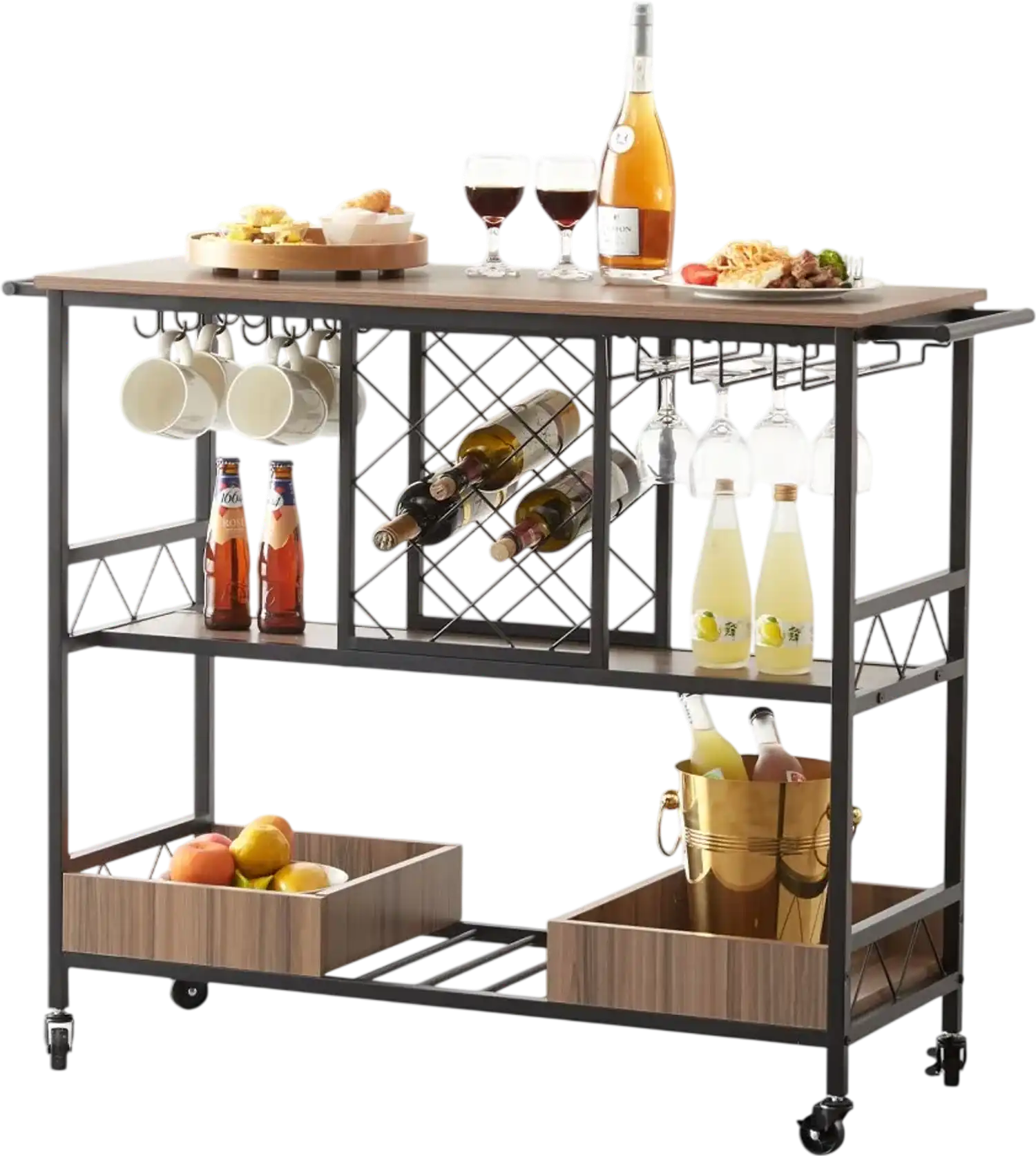 Vevor Bar Cart 3-Tier Rolling Beverage Station with Wine Rack and Glass Holder New