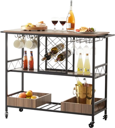 VEVOR Bar Cart, Home Serving Cart, 3 Tiers 300 LBS Industrial Rolling Beverage Station on Lockable Wheels, Mobile Alcohol Drink Cart with Removable Tray Wine Rack Glass Holder for Kitchen Dining Room