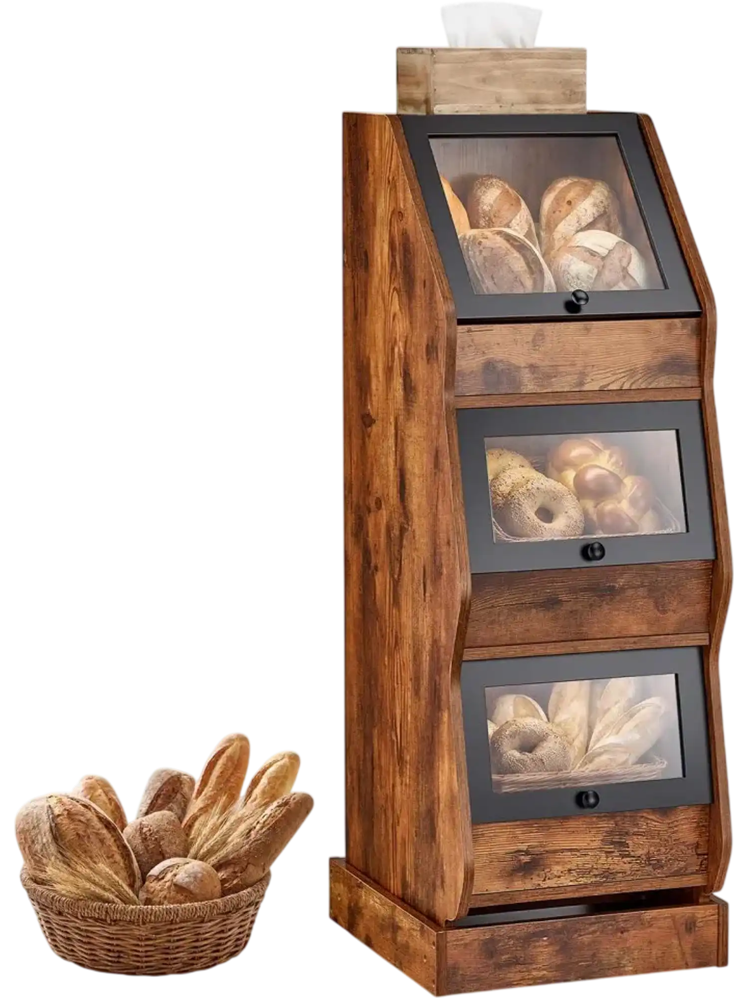 Vevor Bread Box Triple Layer Farmhouse Kitchen Storage Container Brown New
