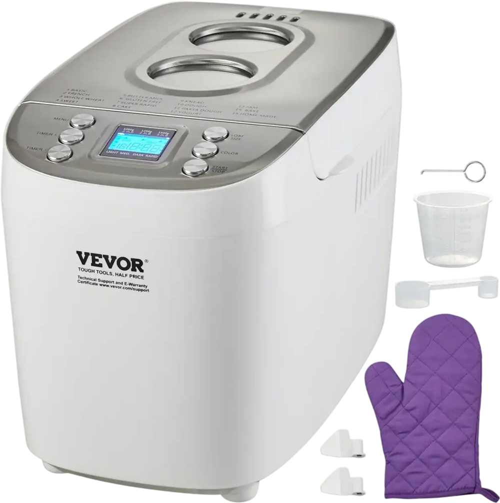 VEVOR Bread Maker, 15-in-1 3LB Dough Machine, Nonstick Ceramic Pan Automatic Breadmaker with Gluten Free Setting, Whole Wheat Bread Making, Digital, Programmable, 3 Loaf Sizes, 3 Crust Colors, White