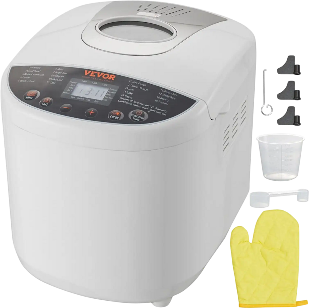 VEVOR Bread Maker, 19-in-1 2LB Dough Machine, Nonstick Ceramic Pan Automatic Breadmaker with Gluten Free Setting, Whole Wheat Bread Making, Digital, Programmable, 3 Loaf Sizes, 3 Crust Colors, White