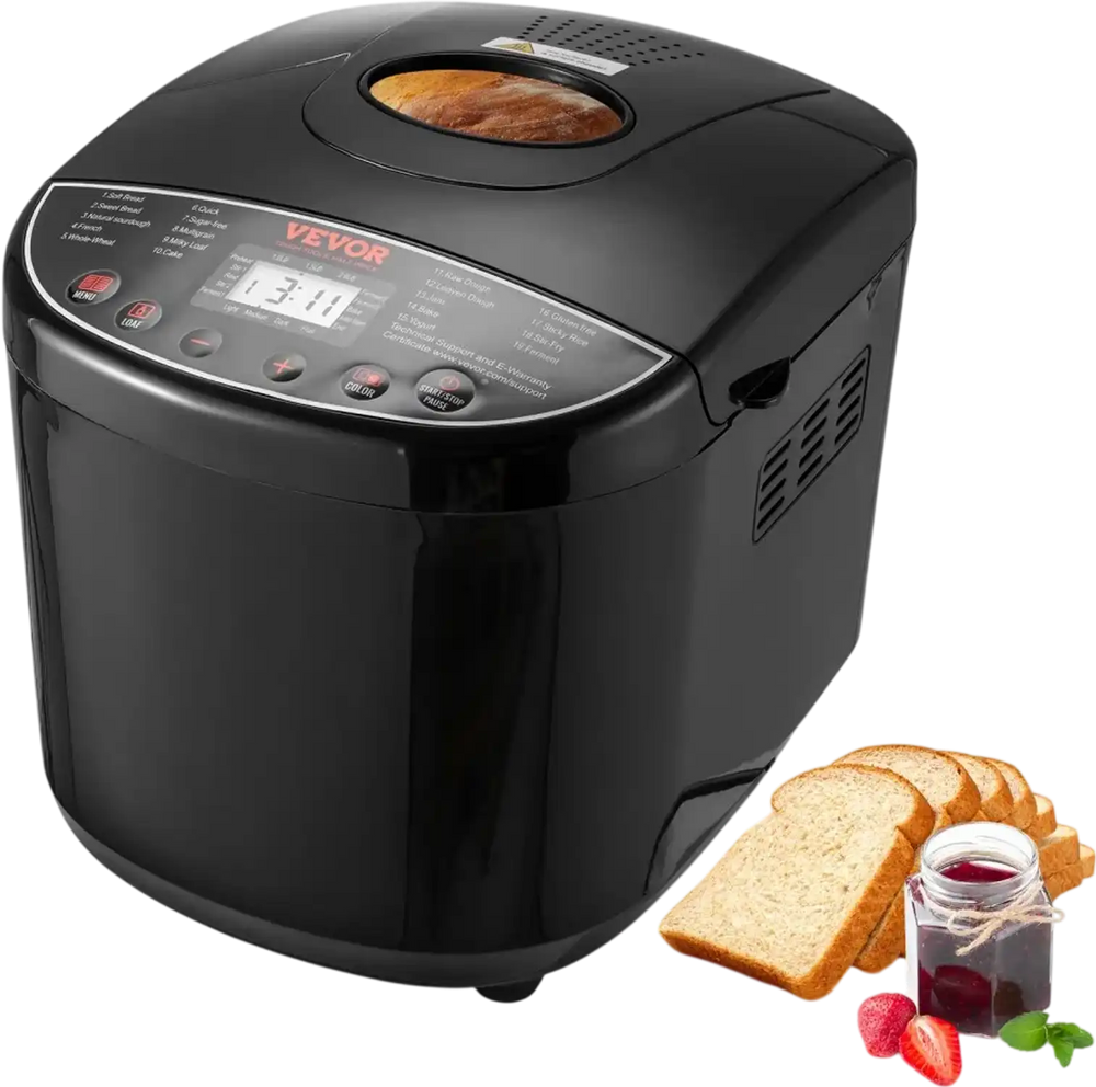 VEVOR Bread Maker, 19-in-1 2LB Dough Machine, Nonstick Ceramic Pan Automatic Breadmaker with Gluten Free Setting, Whole Wheat Bread Making, Digital, Programmable, 3 Loaf Sizes, 3 Crust Colors