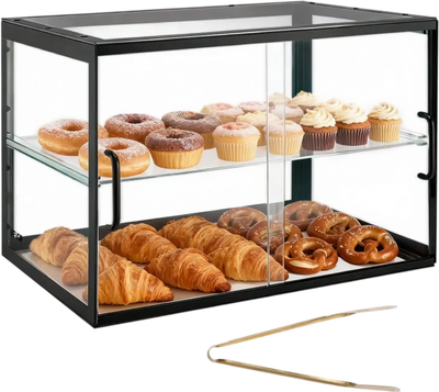 VEVOR Bakery Display Case, 2-Tier Commercial Countertop Pastry Display Case, Clear Acrylic Bread Box for Kitchen, Party Cake Cabinet with Sliding Door for Cookie Dessert Donut, 21.7