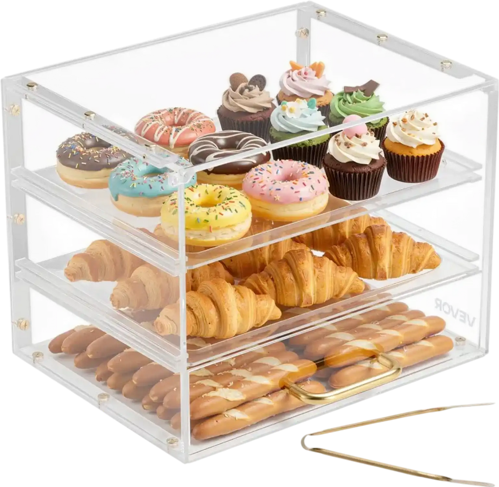 VEVOR Bakery Display Case, 3-Tier Commercial Countertop Pastry Display Case, Clear Acrylic Bread Box for Kitchen, Party Cake Cabinet with Flip-Up Door for Cookie Dessert Donut, 13" x 10.2" x 10.2"