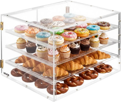 VEVOR Bakery Display Case, 4-Tier Commercial Countertop Pastry Display Case, Clear Acrylic Bread Box for Kitchen, Party Cake Cabinet with Magnetic Rear Door for Cookie Dessert Donut, 22.4