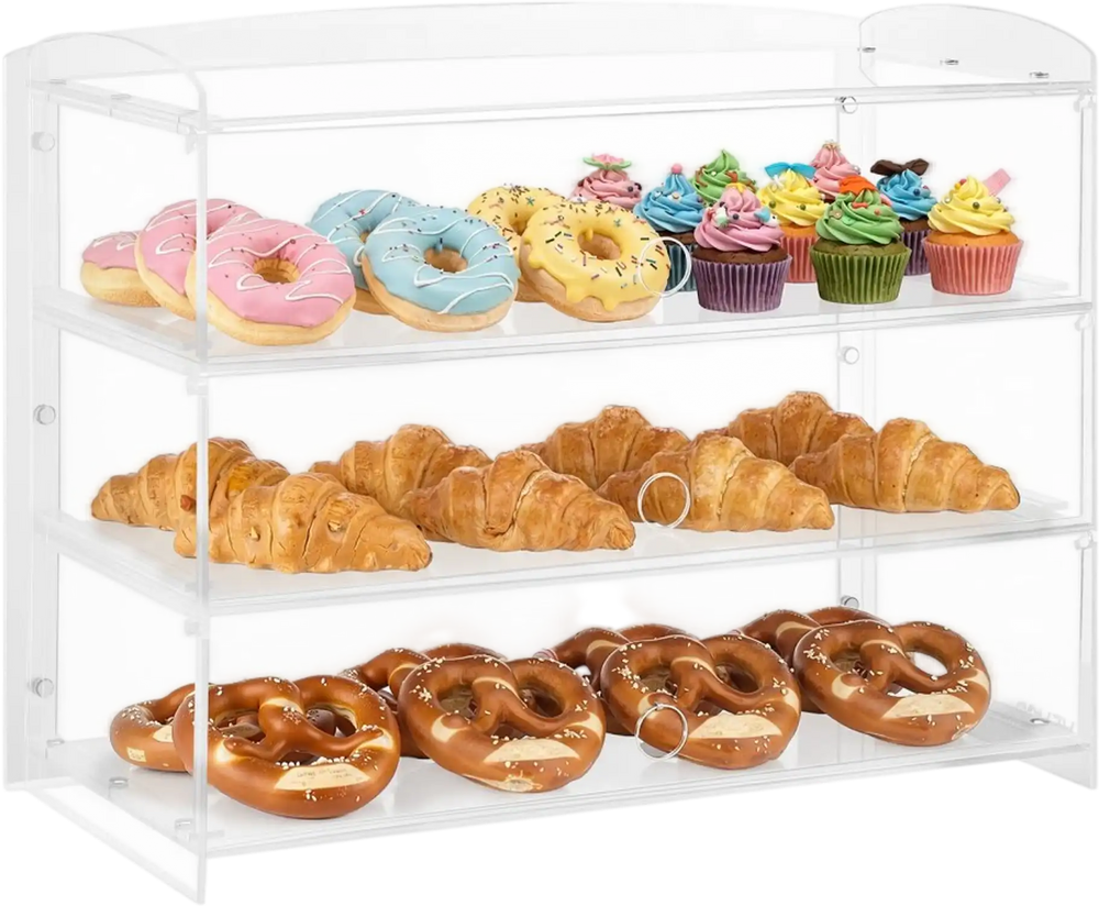 VEVOR Bakery Display Case, 3-Tier Commercial Countertop Pastry Display Case, Clear Acrylic Bread Box for Kitchen, Party Cake Cabinet with Flip-Up Door for Cookie Dessert Donut Bagel, 19" x 9.1" x 15"