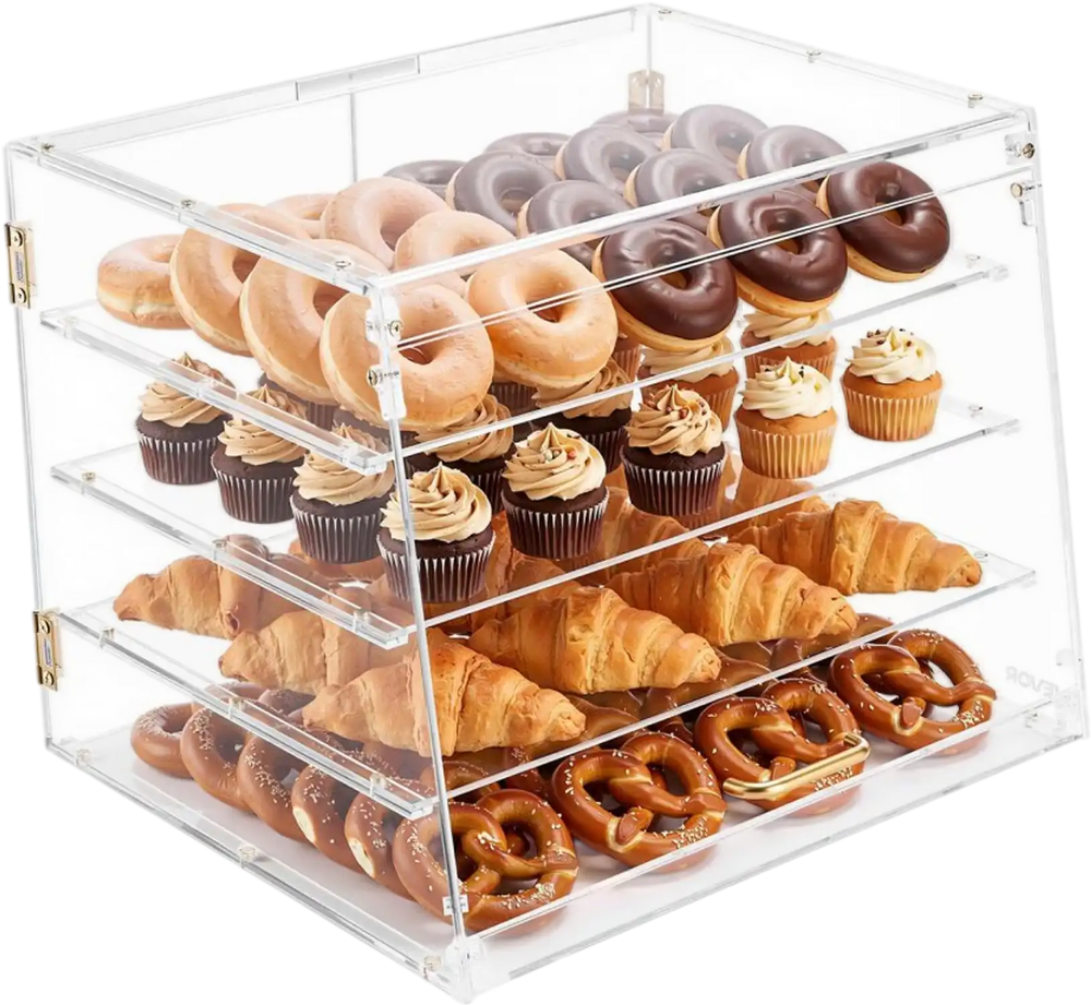 VEVOR Bakery Display Case, 4-Tier Commercial Countertop Pastry Display Case, Clear Acrylic Bread Box for Kitchen, Party Cake Cabinet with Magnetic Rear Door for Cookie Dessert Donut, 20.9"x17.1"x16.3"