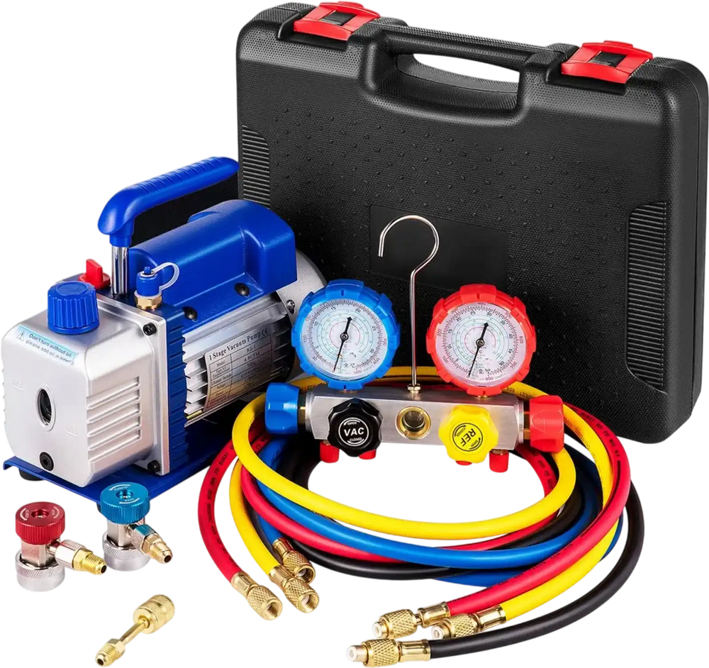 VEVOR Suction Pump 4.8CFM 1/4 HP Single Stage for HVAC A/C Cooling Systems, 5PA Ultimate Vacuum, Manifold Gauge Kit R410A R134A R22, Includes 4-Way Gauge & Hose