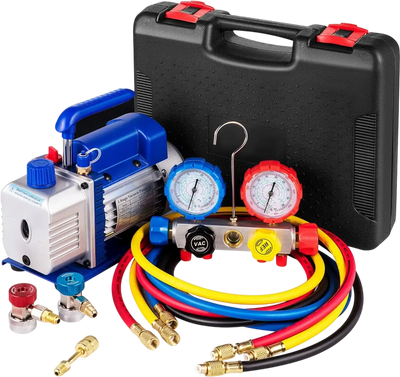 VEVOR Suction Pump 4.8CFM 1/4 HP Single Stage for HVAC A/C Cooling Systems, 5PA Ultimate Vacuum, Manifold Gauge Kit R410A R134A R22, Includes 4-Way Gauge & Hose