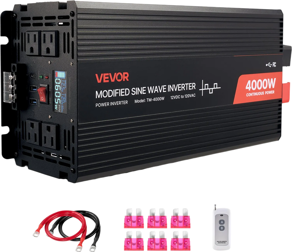 VEVOR 4000W Power Inverter, 12V DC to 120V AC Modified Sine Wave Inverter, Solar Car Charger Converter with LCD Display, Remote Control, 2 USB Ports, 4 AC Outlets, Type-C Port, for RV, Truck Outdoor