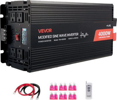 VEVOR 4000W Power Inverter, 12V DC to 120V AC Modified Sine Wave Inverter, Solar Car Charger Converter with LCD Display, Remote Control, 2 USB Ports, 4 AC Outlets, Type-C Port, for RV, Truck Outdoor