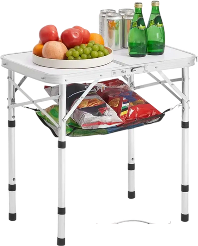 VEVOR Folding Camping Table, Adjustable Height Portable Side Tables, Aluminum MDF Beach Table with Mesh Layer, Carrying Handle, Lightweight Compact for Outdoor Picnic BBQ Cooking, 24x16in, Silver