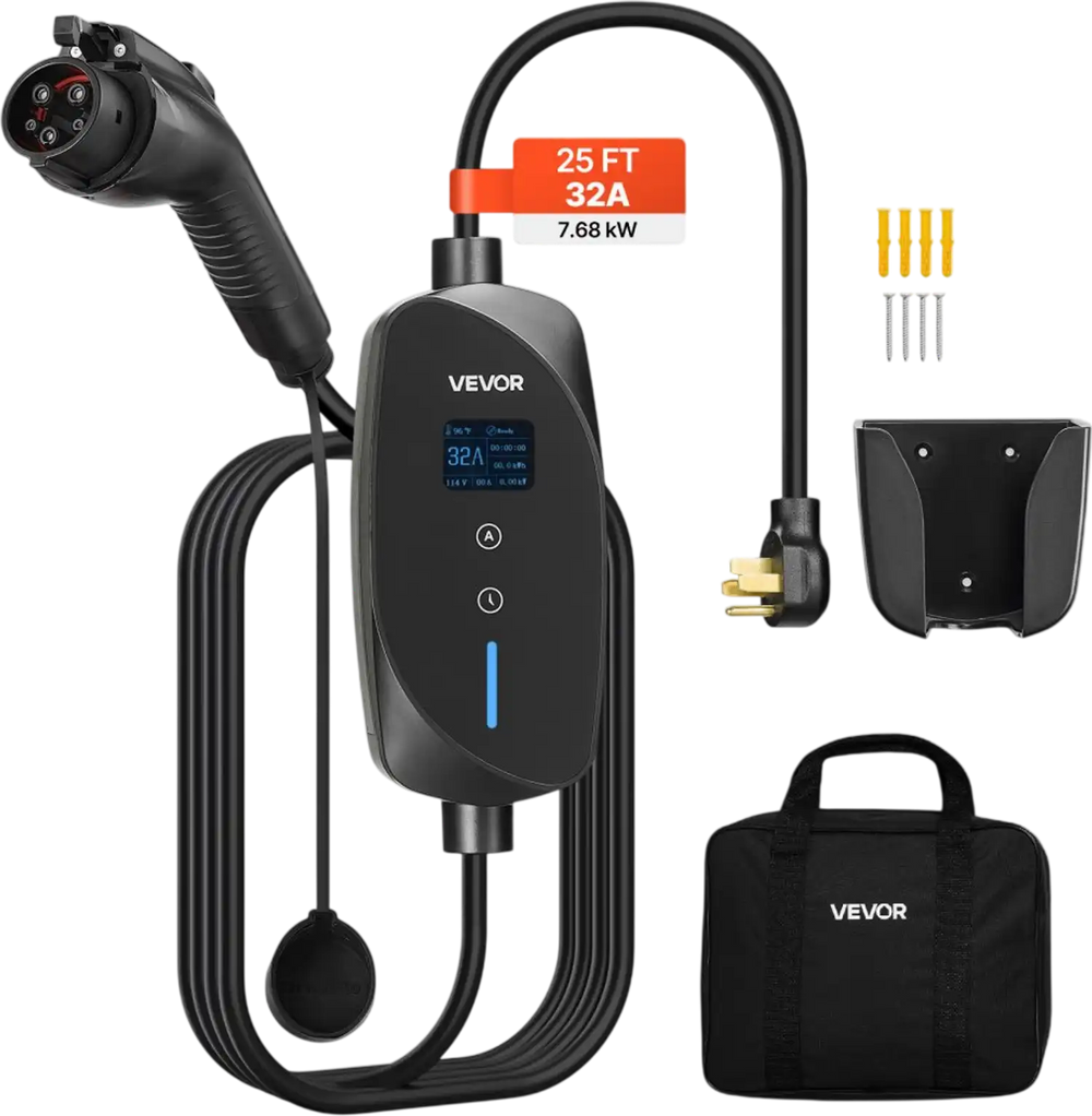 VEVOR Level 2 EV Charger, 32 Amp Adjustable Current, 240V Electric Vehicle Portable Charger with 25 ft Charging Cable, NEMA 14-50P Plug, LCD Display, Plug-in Home Car Charging Station for SAE J1772 EV