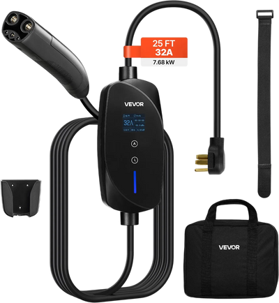 VEVOR Level 2 Tesla Charger, 32 Amp Adjustable Current, 240V Portable Home Electric Car EV Charger with 25 ft Charging Cable, NEMA 14-50P Plug, LCD Display, NACS Connector, for Tesla Model Y/X/3/S