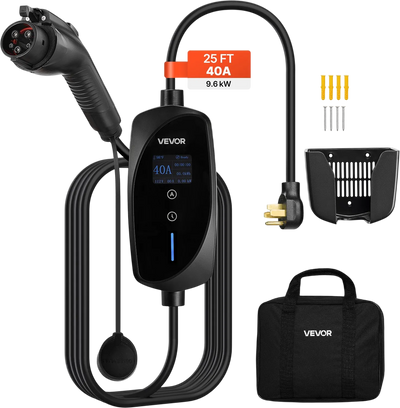 VEVOR Level 2 EV Charger, 40 Amp Adjustable Current, 240V Electric Vehicle Portable Charger with 25 ft Charging Cable, LCD Display, NEMA 14-50P Plug, Plug-in Home Car Charging Station for SAE J1772 EV