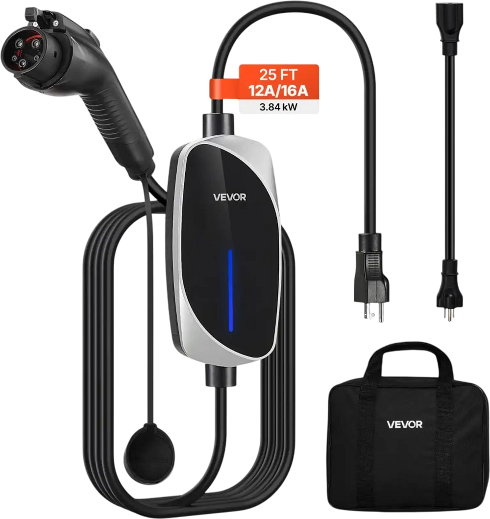 VEVOR Level 1&2 EV Charger, 16 Amp, Electric Vehicle Portable Charger with 25 ft Charging Cable, 120V-240V, NEMA 6-20P Plug NEMA 5-15 Adapter, LED Indicator, Home Car Charging Station for SAE J1772 EV