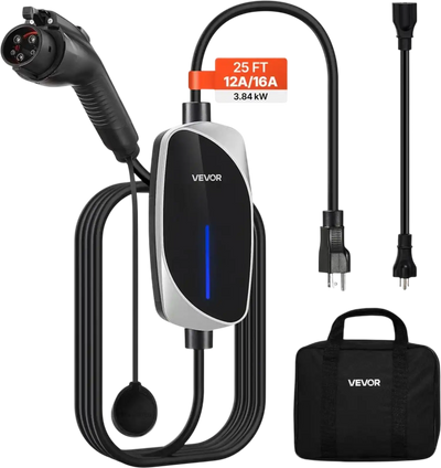 VEVOR Level 1&2 EV Charger, 16 Amp, Electric Vehicle Portable Charger with 25 ft Charging Cable, 120V-240V, NEMA 6-20P Plug NEMA 5-15 Adapter, LED Indicator, Home Car Charging Station for SAE J1772 EV