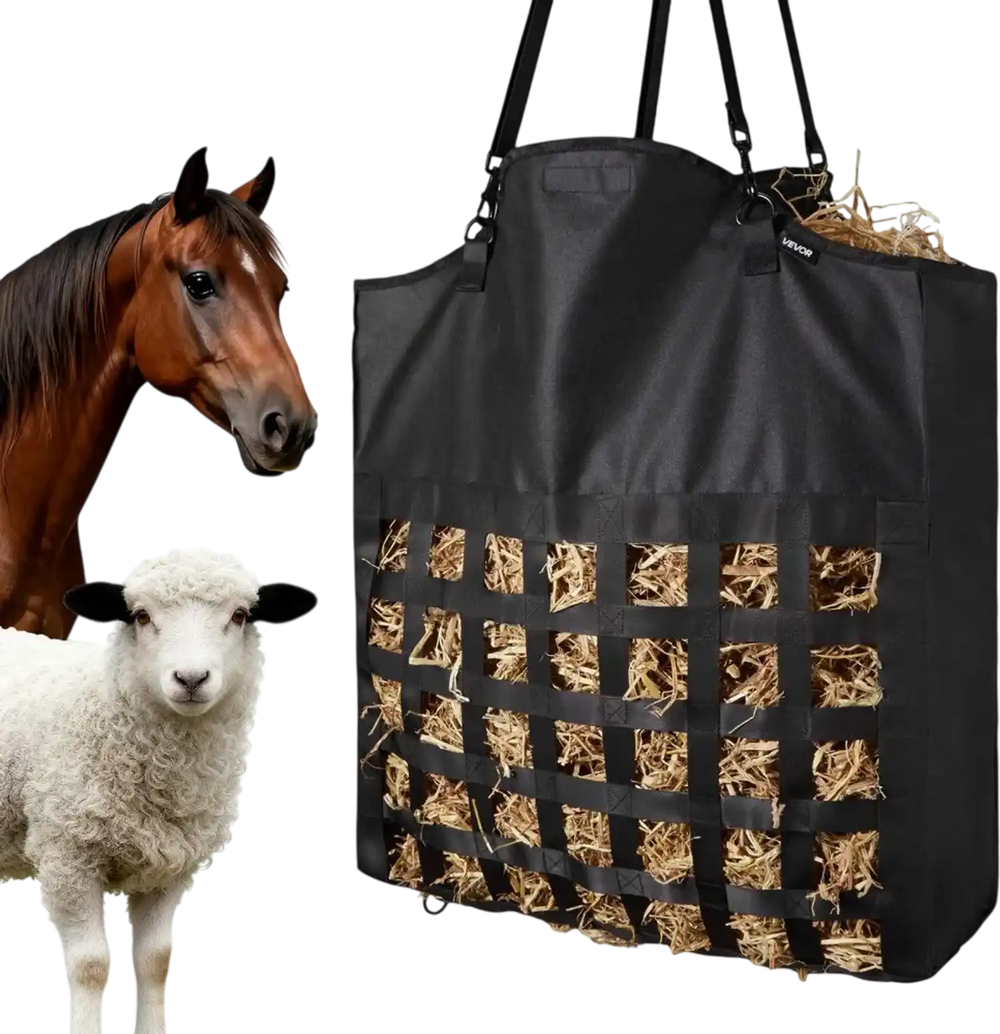 VEVOR Hay Bag for Horses, 21.65 x 7.28 x 25.2 in, 1.81 x 1.81 in Holes, Premium Nylon Construction with PVC Waterproof Coating, Adjustable Hanging Straps and Metal Hooks, Slow Feed Hay Bag for Horses