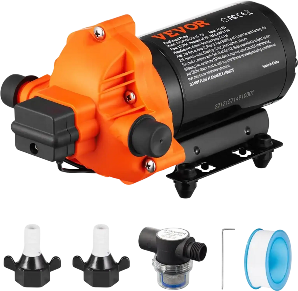 VEVOR RV Water Pressure Diaphragm Pump 3Chambers 110V 3.3GPM 45PSI Adjustable Presssure Fresh Water Pump, Self Priming Sprayer Pump for RV Camper Marine Boat Lawn