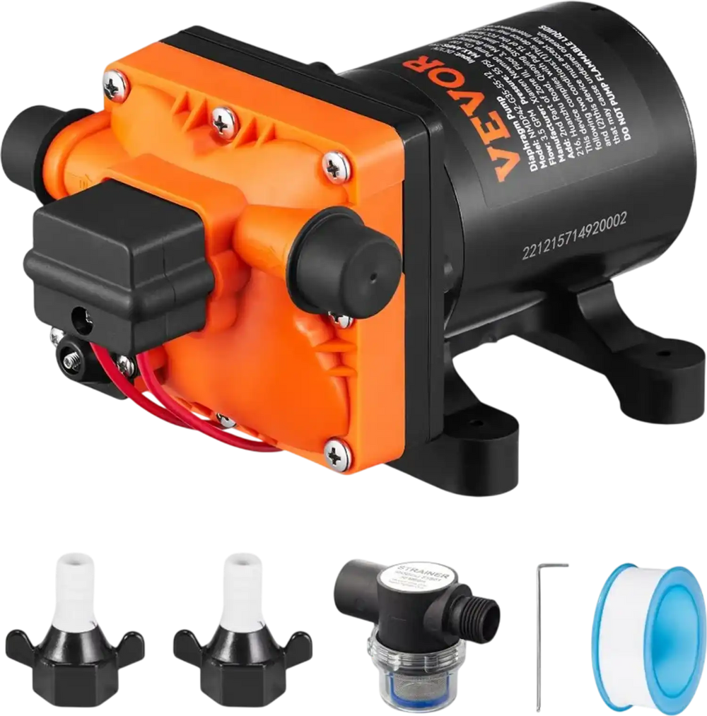 VEVOR Water Diaphragm Pump, 12V DC, 3.5 GPM Flow, 55 PSI Rated Pressure (40-80 PSI Adjustable), 1/2" MNPT Self Priming Sprayer Pump with Pressure Switch for RV Camper Marine Boat Lawn, FCC Certified