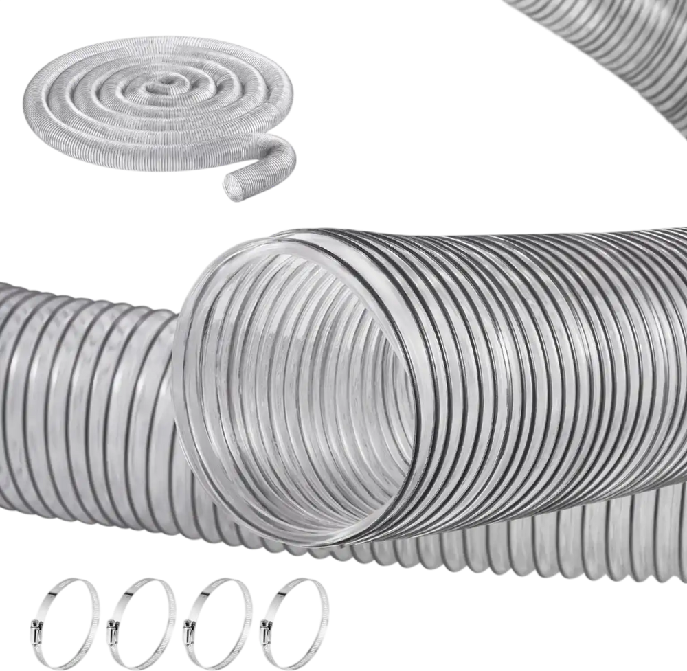 VEVOR Dust Collection Hose, 4'' x 50', Thickened PVC Material Puncture-Resistant Flexible Clear Hose with Carbon Steel Wire Coil 4 x 304 Stainless Clamps, for Table Saw, Band Saw, Planer, Jointer
