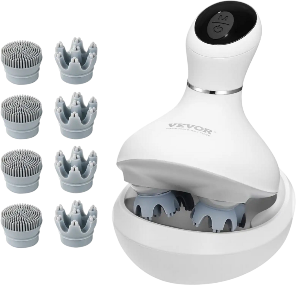 VEVOR Electric Scalp Massager, Rechargeable Head Massager Hair Growth, IPX7 Waterproof | Portable Kneading Scalp Scratcher with 8 Removable Massage Head for Stress Relief, Deep Clean, Gift for Mom/Dad