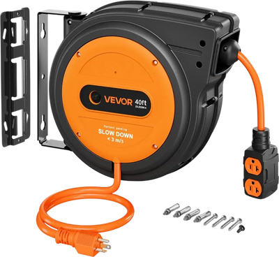 Vevor Extension Cord Reel 40' Retractable Heavy Duty 10/3 AWG 4-Outlet Orange New