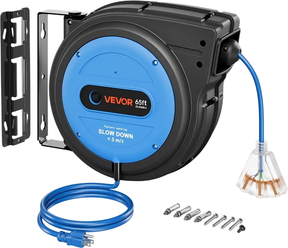 VEVOR 65FT Retractable Extension Cord Reel, Damped Slow Retraction System, 12AWG/3C Heavy Duty Power Cord, Lighted Triple Tap, 15A Circuit Breaker, Ceiling/Wall Mount for Garage/Shop, ETL Listed, Blue