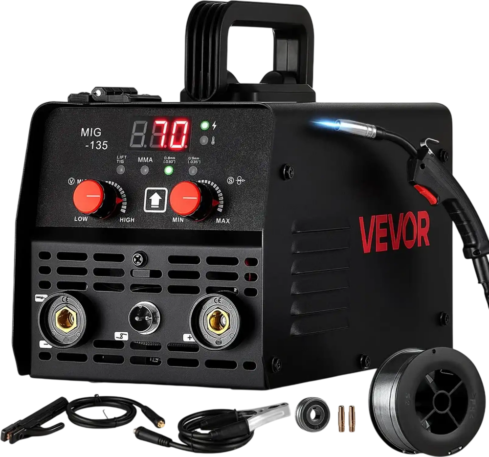VEVOR 135A MIG Welder, 3-in-1 Lift TIG/Gasless Flux Core/Stick MIG Welding, 110V Synergic Multi-Process Mig Welder Machine with IGBT Inverter, Portable for Metal Fabrication, Home Repair & DIY Project