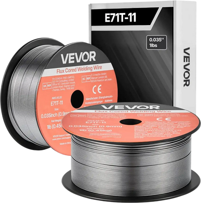 VEVOR Flux Core MIG Welding Wire, E71T-11 0.035-inch 1 LBS, Gasless Mild Steel Welding Wire with Low Spatter for All Position Arc Welding, Self-Shielded for Outdoor Use (Pack of 2 Rolls)