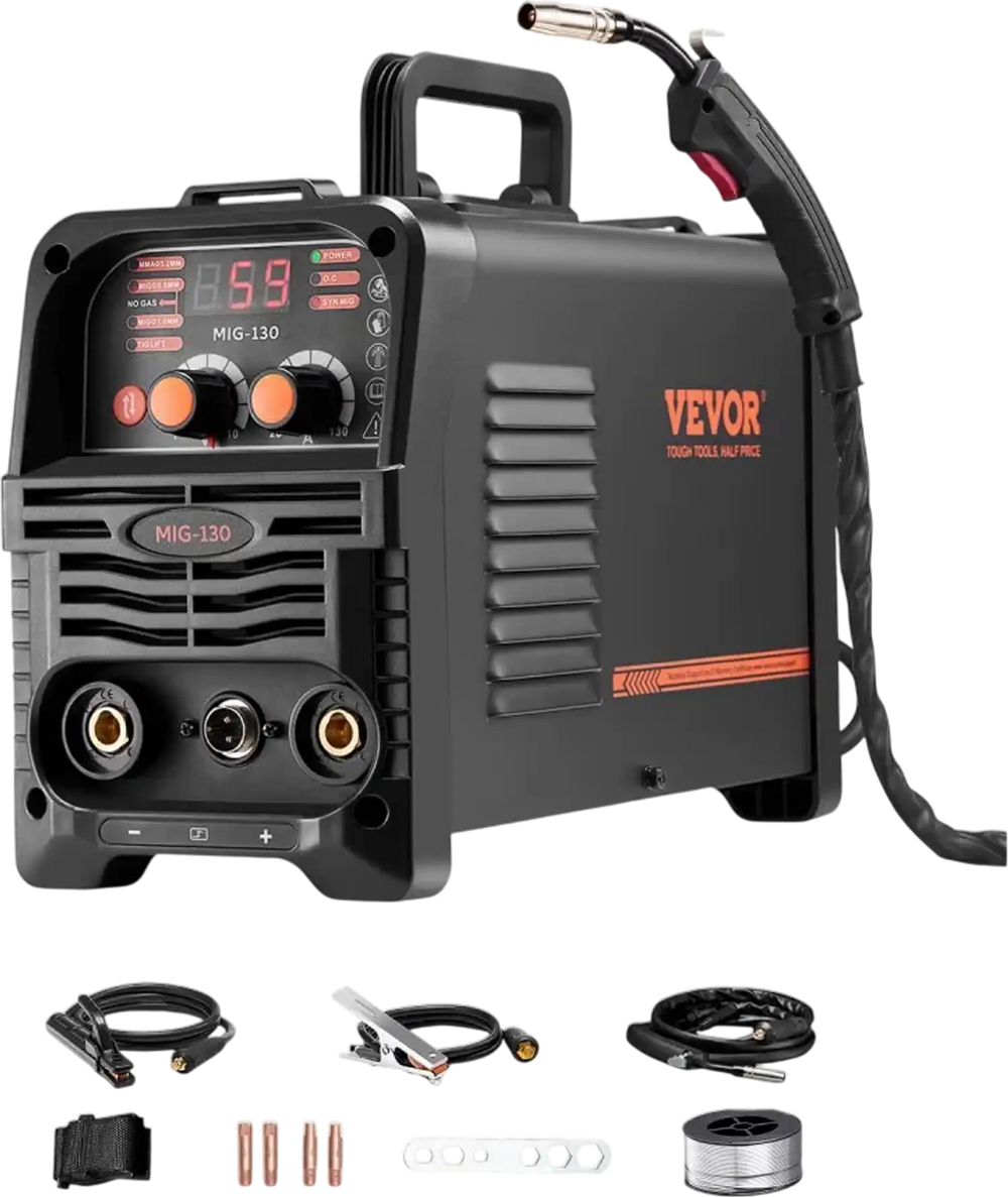 VEVOR MIG Welder, 130Amp Synergic Mig Welding Machine, 3-in-1 Flux Core MIG/Stick/Lift TIG Multi-Process Welder Machine, 110V Portable Mig Welder with IGBT Inverter Technology & Digital Display Screen