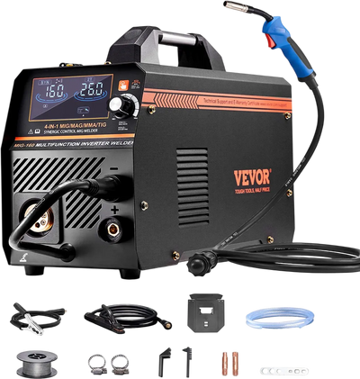 VEVOR MIG Welder, 160A Synergic Mig Welding Machine, 4-in-1 Gas MIG/Flux Core MIG/Stick/Lift TIG Multi-Process Welder Machine, 110V/220V Dual Voltage Mig Welder with IGBT Inverter & LCD Screen Display