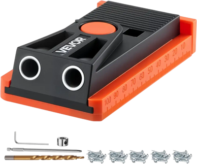 VEVOR Pocket Hole Jig Kit, 1/2 to 1-1/2 in Adjustable, Mini Jig Pocket Hole System with Step Drill, Hex Wrench, Drill Stop Ring, Square Drive Bit, and Screws, Reinforced Nylon Frame, for Woodworking