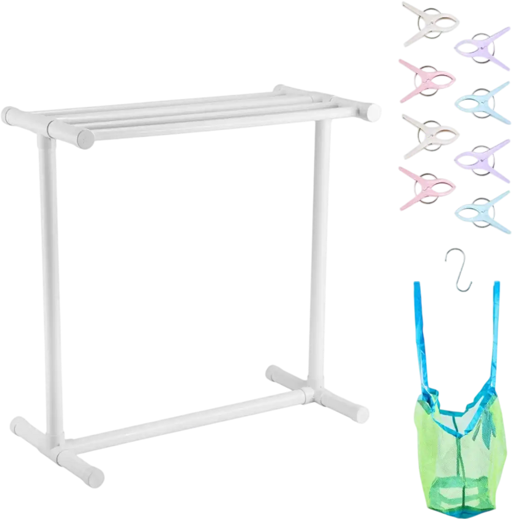 VEVOR Towel Rack, 5 Bars Outdoor PVC Towel Holder, Floor Standing Pool Towel Hanger Stand with Clips, Bag & Hook, Outdoor Indoor Quilt Drying Rack Organizer, Ideal for Poolside, Bathroom, Spa, White