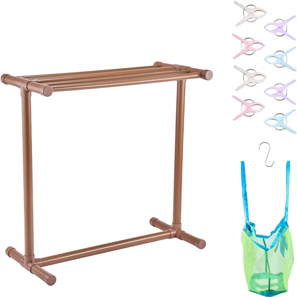 VEVOR Towel Rack, 5 Bars Outdoor PVC Towel Holder, Floor Standing Pool Towel Hanger Stand with Clips, Bag & Hook, Outdoor Indoor Quilt Drying Rack Organizer, Ideal for Poolside, Bathroom, Spa, Brown