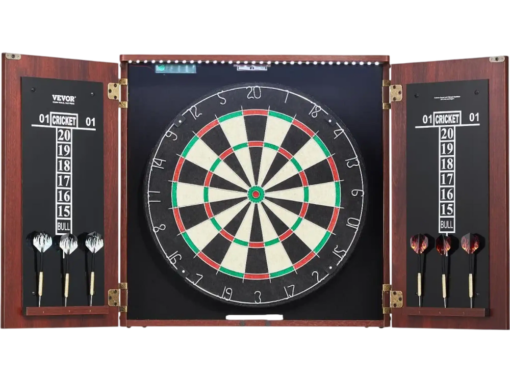 VEVOR Dartboard and Cabinet Set, Ready-to-Play Bundle Official Size Dartboard Cabinet, Steel Tip Dart Hideaway Cabinet, Features LED Light, Easy Assembly, Complete with All Accessory, for Cricket Game