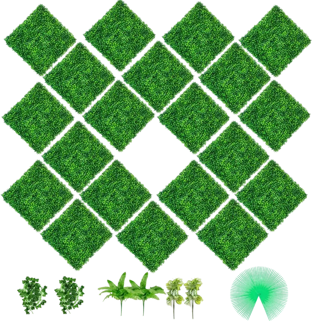 VEVOR Artificial Boxwood Panels, 20 PCS 20\"x20\" Boxwood Hedge Wall Panels, PE Artificial Grass Backdrop Wall 1.6\", Privacy Hedge Screen for Decoration of Outdoor, Indoor, Garden, Fence, and Backyar