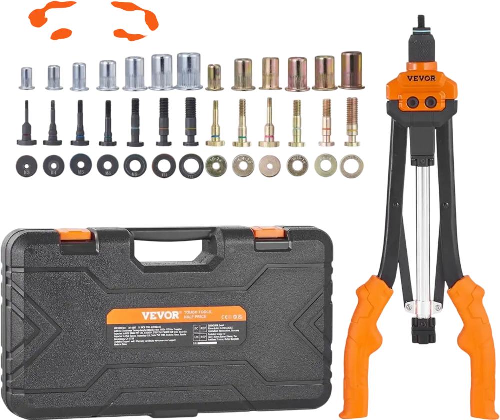 VEVOR Rivet Nut Tool, 16 inch Rivnut Tool Kit with 13PCS Metric and SAE Mandrels, 186PCS Rivet Nuts, Semi-auto Retraction, M3, M4, M5, M6, M8, M10, M12, 1/4-20, 5/16-18, 3/8-16, 1/2-13, 8-32, 10-24