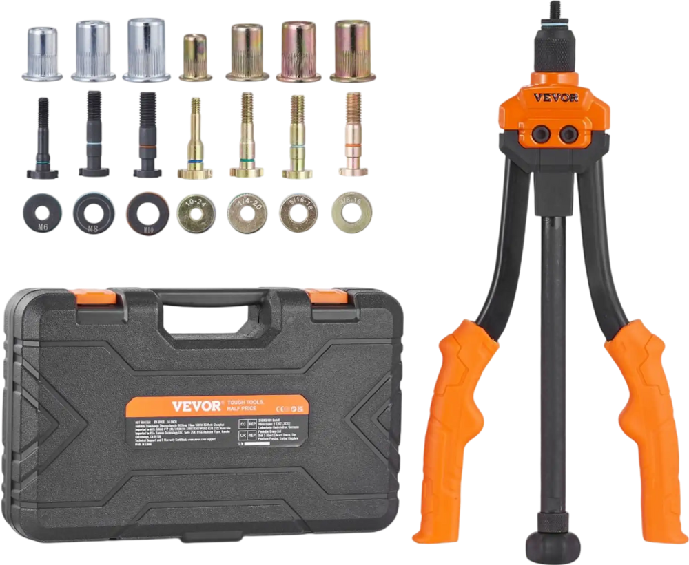 VEVOR Rivet Nut Tool, 14” Rivnut Tool Kit with 7 PCS Metric and SAE Mandrels, 70 PCS Assorted Rivet Nuts, 10-24, 1/4-20, M6, 5/16-18, M8, 3/8-16, M10, Rivet Nut Kit With Rugged Carrying Case
