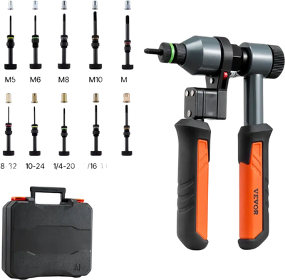VEVOR Rivet Nut Tool Kit, 9-Inch Ratchet Rivnut Tool Kit, with 10 Mandrels and 100 Nuts, Metric and SAE Size M5, M6, M8, M10, M12, 8-32, 10-24, 1/4-20, 5/16-18, 3/8-16 UNC, with a Rugged Carrying Case