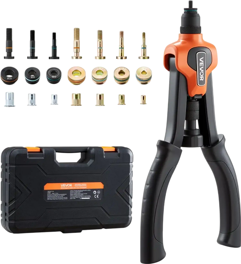 VEVOR Rivet Nut Tool Kit, 14-Inch Two-Handed Rivnut Tool Kit, with 7 Mandrels and 70 Nuts, Metric and SAE Size M6, M8, M10, 10-24, 1/4-20, 5/16-18, 3/8-16 UNC, with a Carrying Case, for Home, Auto