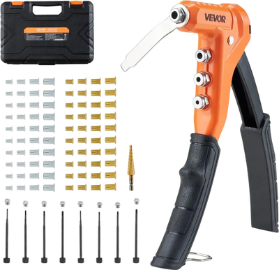 VEVOR Rivet Nut Tool Kit, 9-Inch One-Handed Rivnut Tool Kit, with 8 Mandrels, a Step Drill Bit and 80 Nuts, Metric and SAE Size M3, M4, M5, M6, 6-32, 8-32, 10-24, 1/4-20 UNC, with a Carrying Case