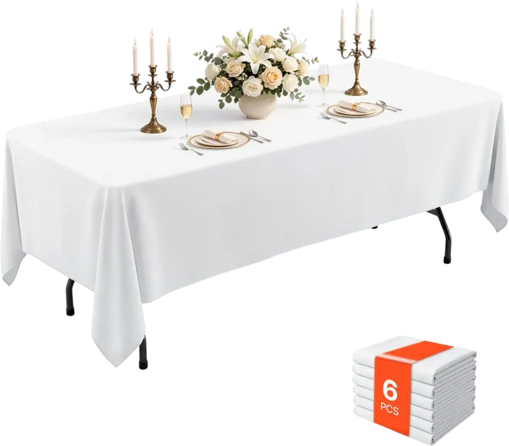VEVOR Rectangular Tablecloths, 60 x 102 in 6 Pack, White Polyester Covers, for Party Wedding Banquet Festival, Washable, Reusable Table Cloth with Brushed Fabric, Neat Hems, Smooth Drape