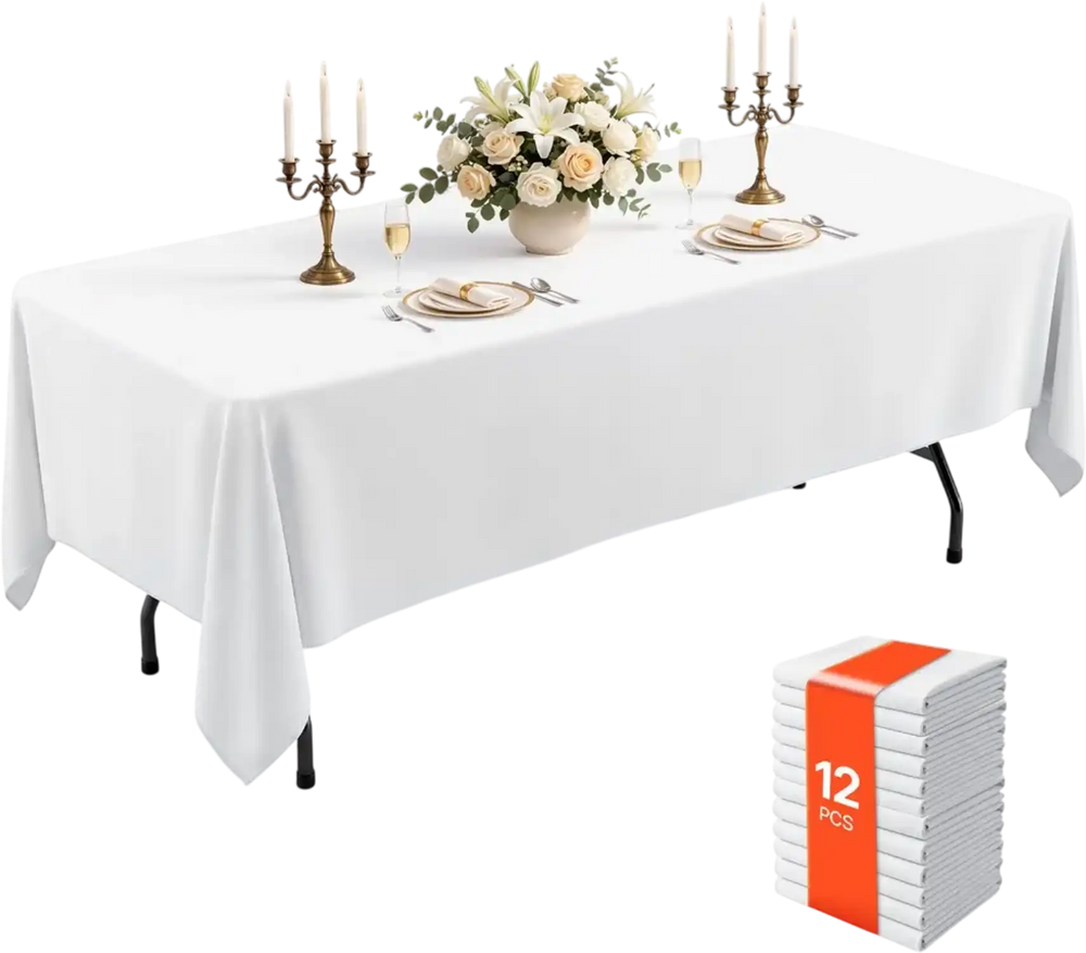 VEVOR Rectangular Tablecloths, 60 x 102 in 12 Pack, White Polyester Covers, for Party Wedding Banquet Festival, Washable, Reusable Table Cloth with Brushed Fabric, Neat Hems, Smooth Drape