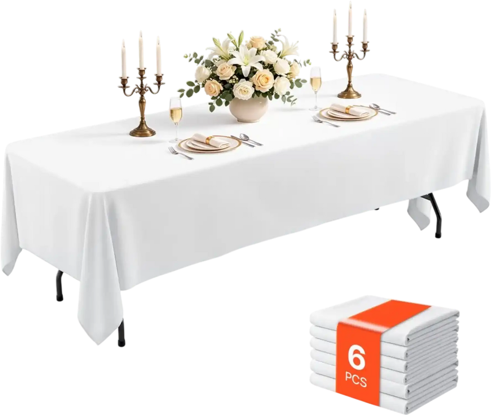 VEVOR Rectangular Tablecloths, 70 x 120 in 6 Pack, White Polyester Covers, for Party Wedding Banquet Festival, Washable, Reusable Table Cloth with Brushed Fabric, Neat Hems, Smooth Drape