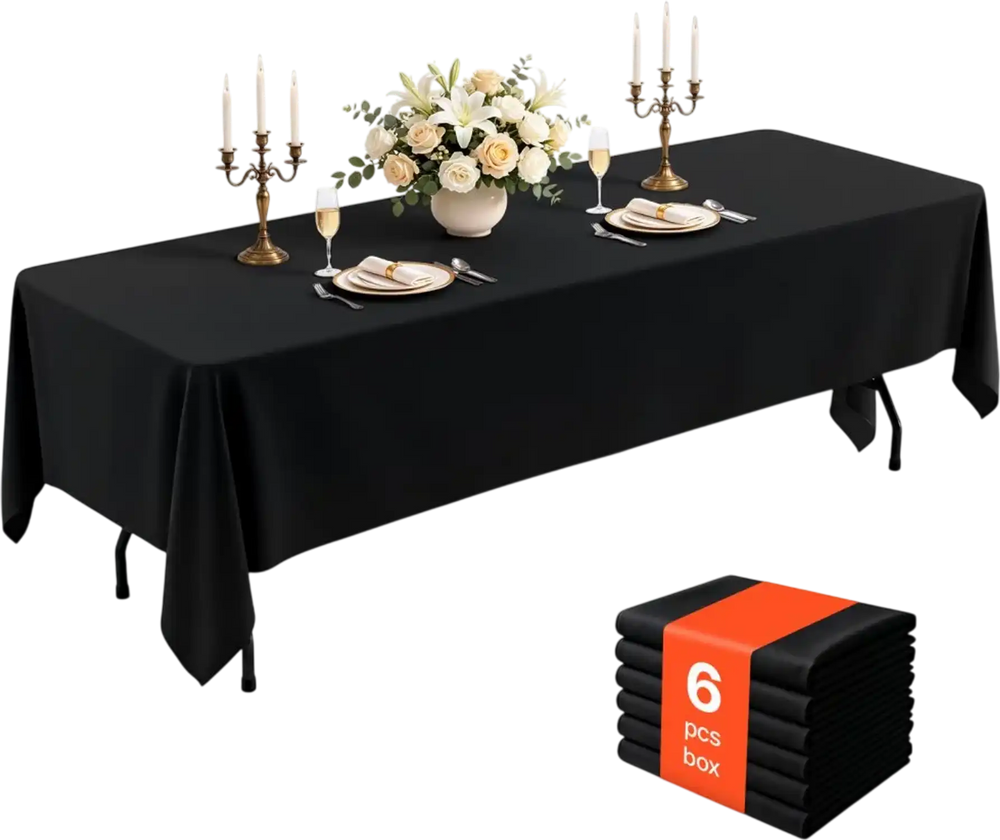 VEVOR Rectangular Tablecloths, 70 x 120 in 6 Pack, Black Polyester Covers, for Party Wedding Banquet Festival, Washable, Reusable Table Cloth with Brushed Fabric, Neat Hems, Smooth Drape