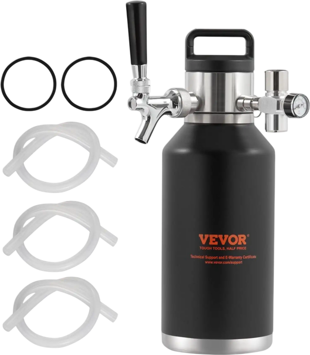 VEVOR Beer Growler Tap System, 64Oz 1.89L Mini Keg, 304 Stainless Steel Pressurized Beer Growler, Keg Growler with Pressure Display, CO2 Regulator Faucet, Leak-Proof Ring For Draft Homebrew Craft Beer