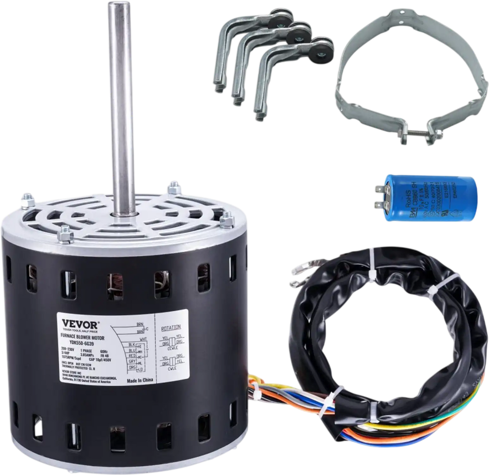 VEVOR 3/4HP Furnace Blower Motor, 208/230V 3.85Amps, 1075RPM 5 Speeds, CW/CCW Rotation, 48 Frame 4.8" Shaft Length, 10μF/450V Capacitor + 11" Hold Hoop