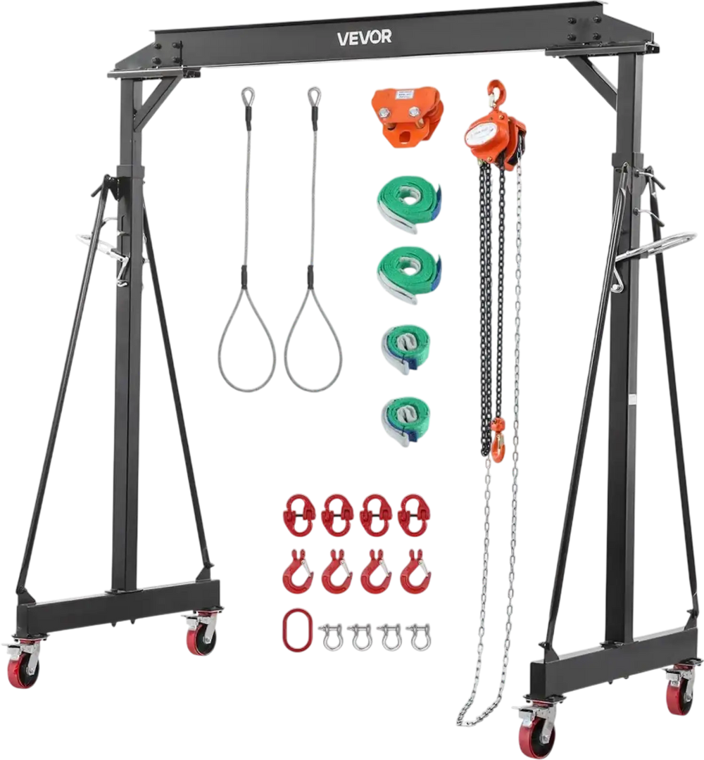 VEVOR Adjustable Gantry Crane, 4400 lbs Capacity, Portable Shop Lift Hoist with 99.6-146.9 in Height Adjustable, Manual Trolley, Hoist, Sling, Shackles, Hooks, for Garage Factory Warehouse Auto Repair
